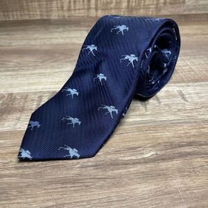 Keeneland Equestrian Horse Racing Men Navy Herringbone Silk Necktie handmade New